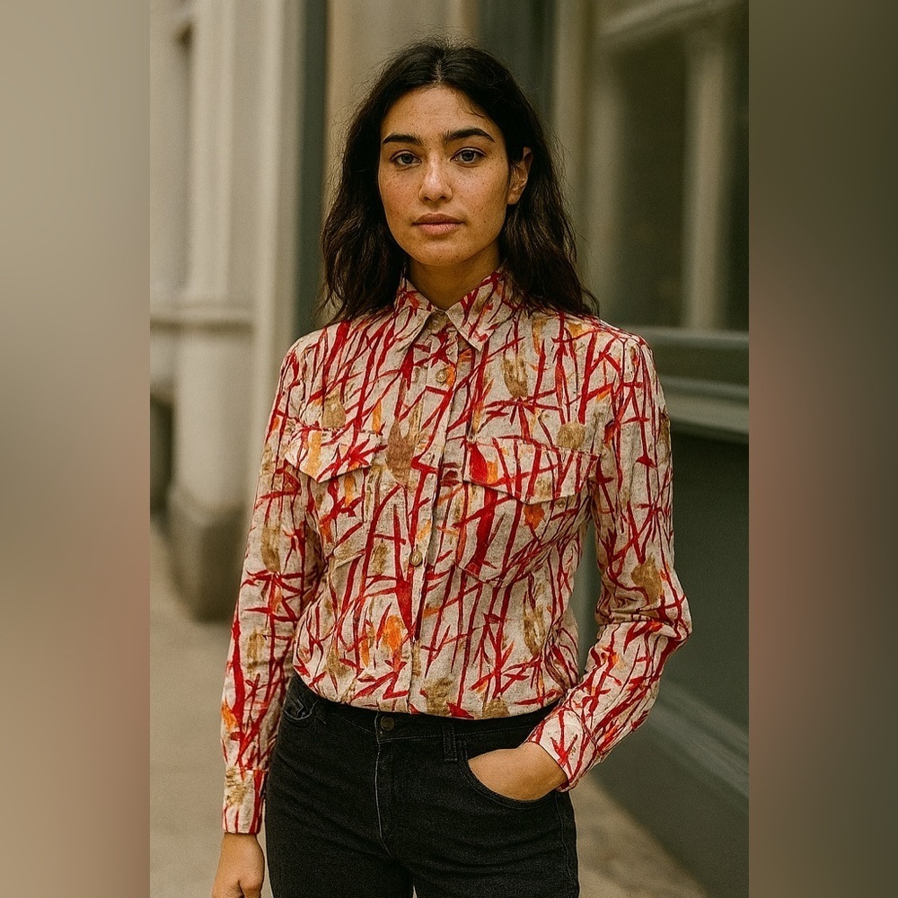 Cinque Linen Long Sleeve Button down Military Style Splattee Red Orange …​​​